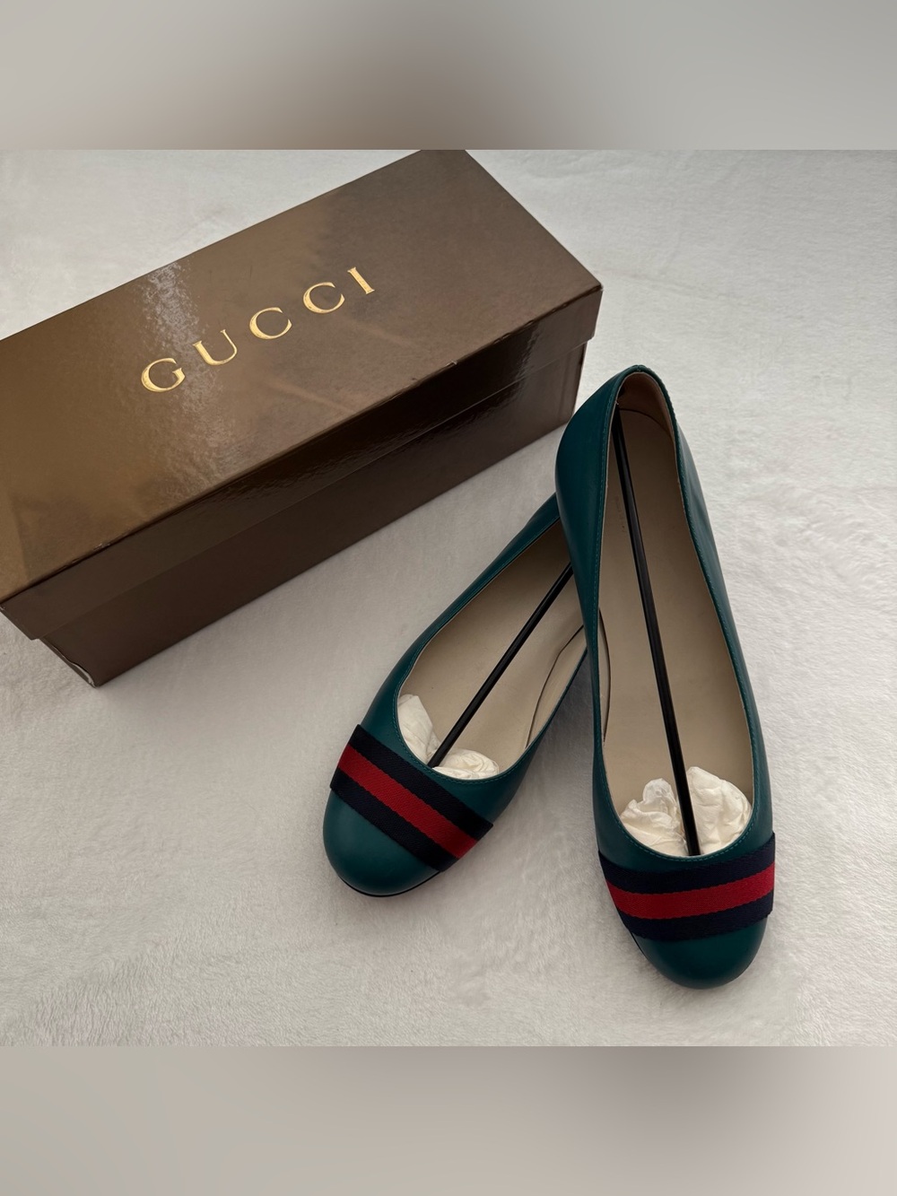 Gucci 247529 Ottanio Teal Web Stripe Leather Ballet Flats 38.5 With Box Luxury